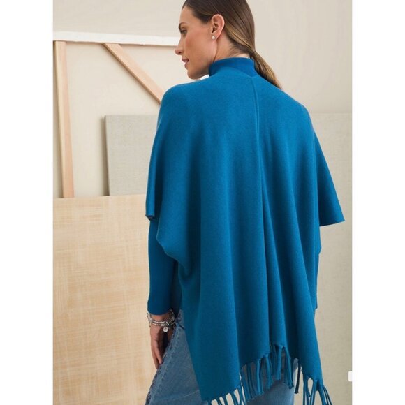 Chico's Reversible Fringed Ruana Wrap Women's S/M Teal, Deep Blue Lightweight - Picture 4 of 15